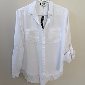 Velvet Heart Classic Riley White Button-Down Shirt w/ Frayed Hem, Sz S